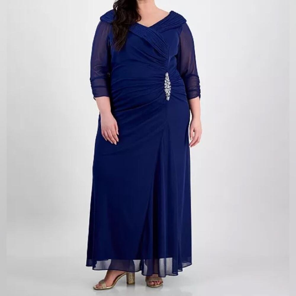 Alex Evenings Plus Size Portrait-Collar Side-Ruched A-Line Dress Blue Sz 18W